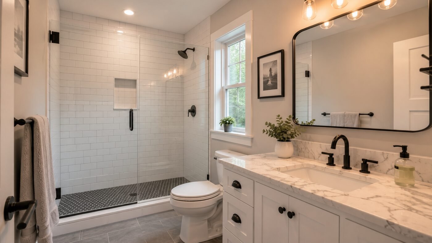 Beautifully finished bathroom renovation by MightyTouch Pro