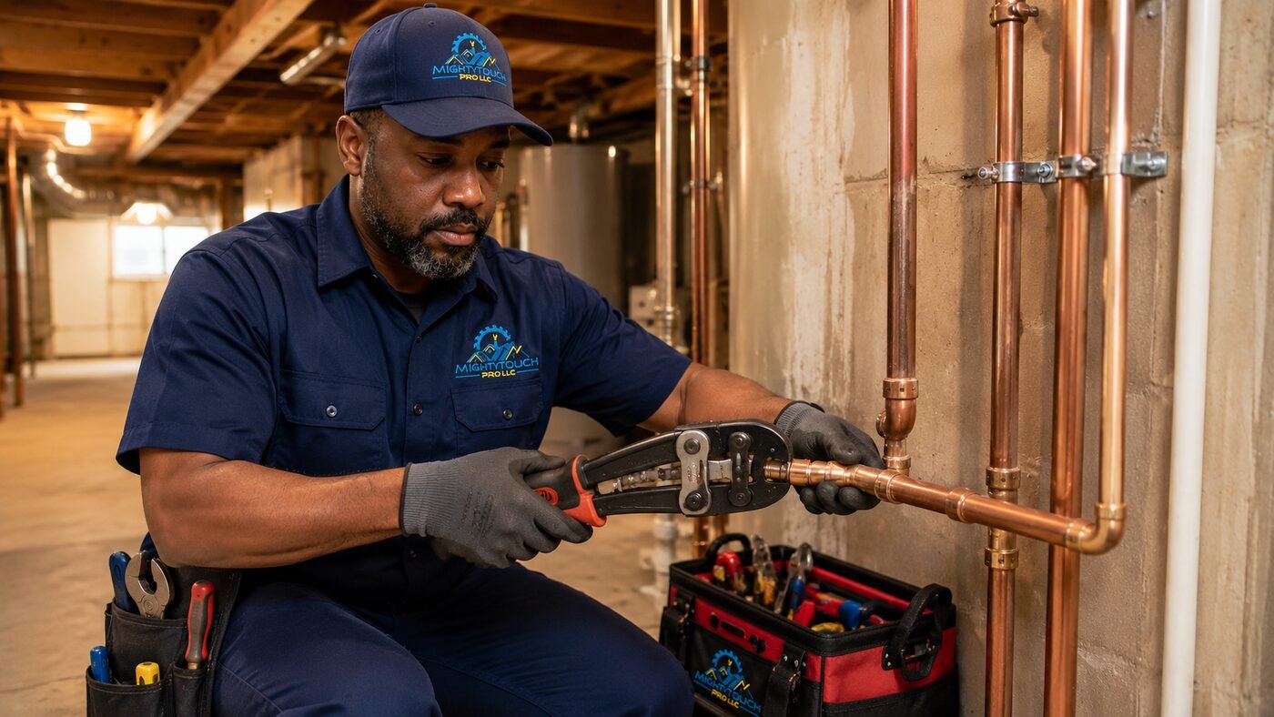 Plumber installing copper pipe fittings