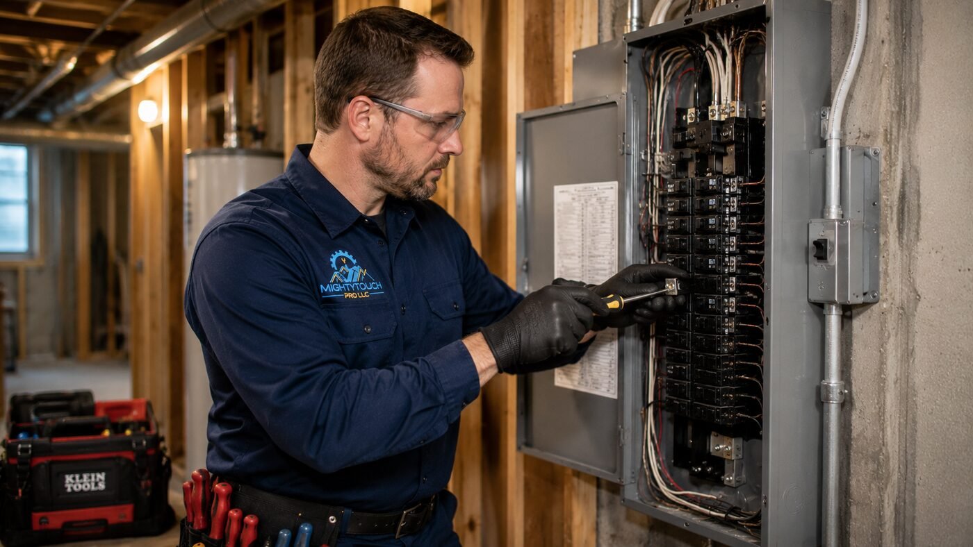 Electrician working on a residential electrical panel