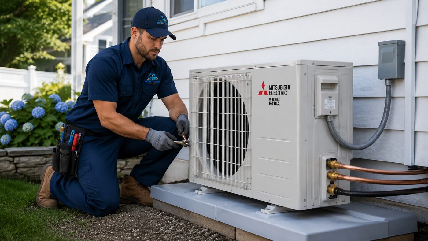 Technician installing an outdoor heat pump unit