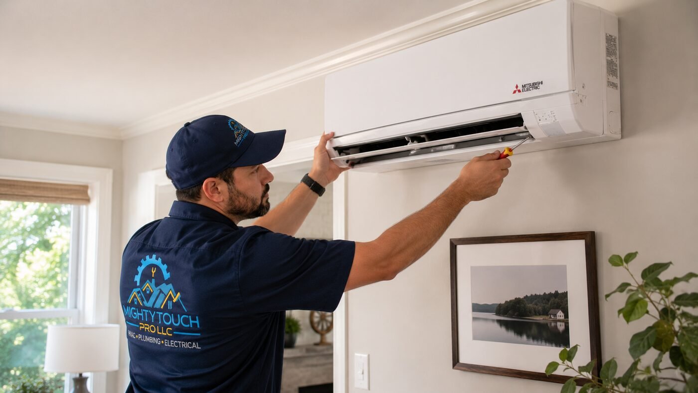 HVAC technician installing an indoor mini-split heat pump unit
