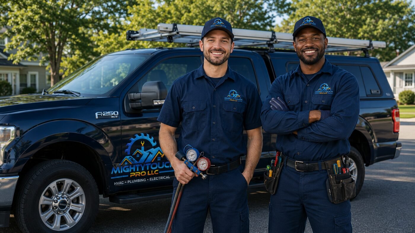 Two MightyTouch Pro technicians in front of their service truck