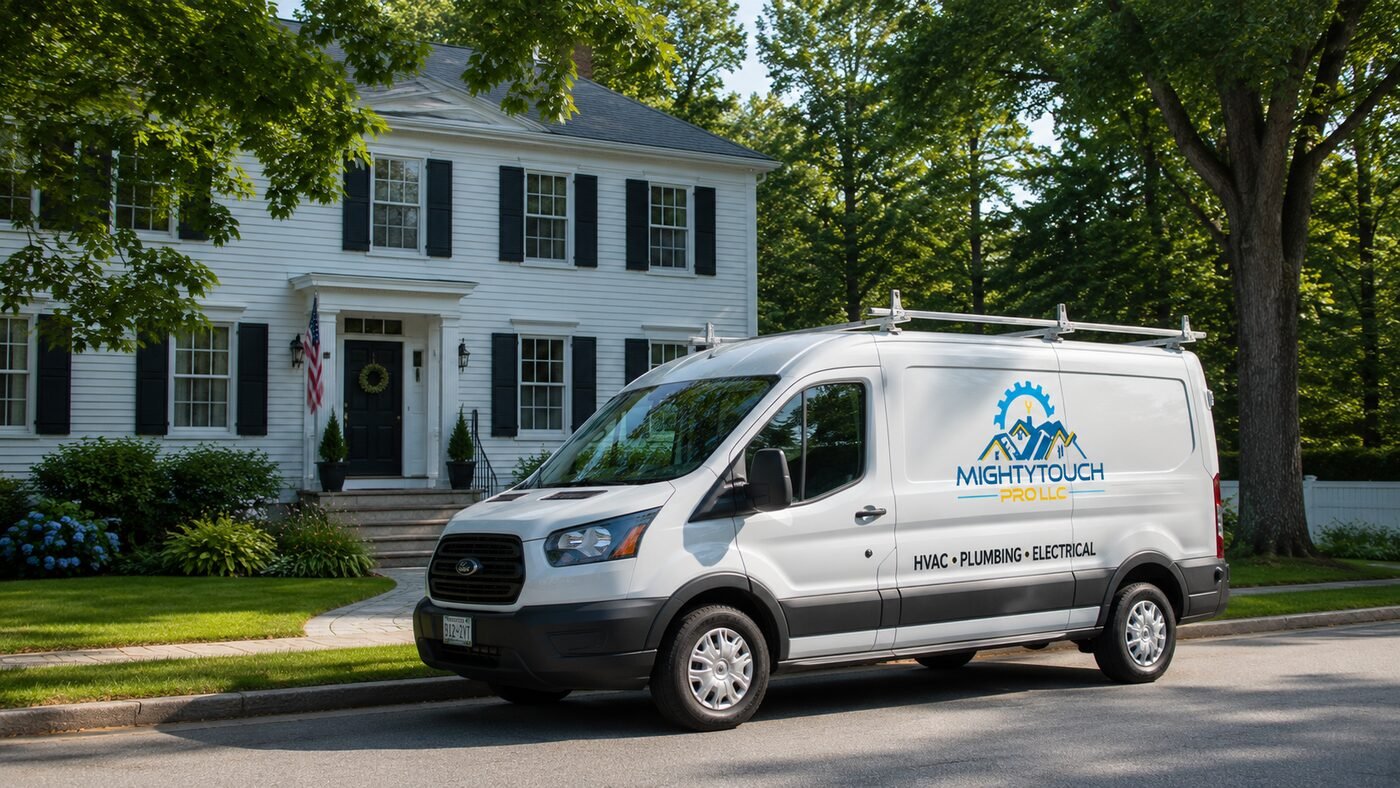 MightyTouch Pro branded service van parked in front of a Southern Maine home