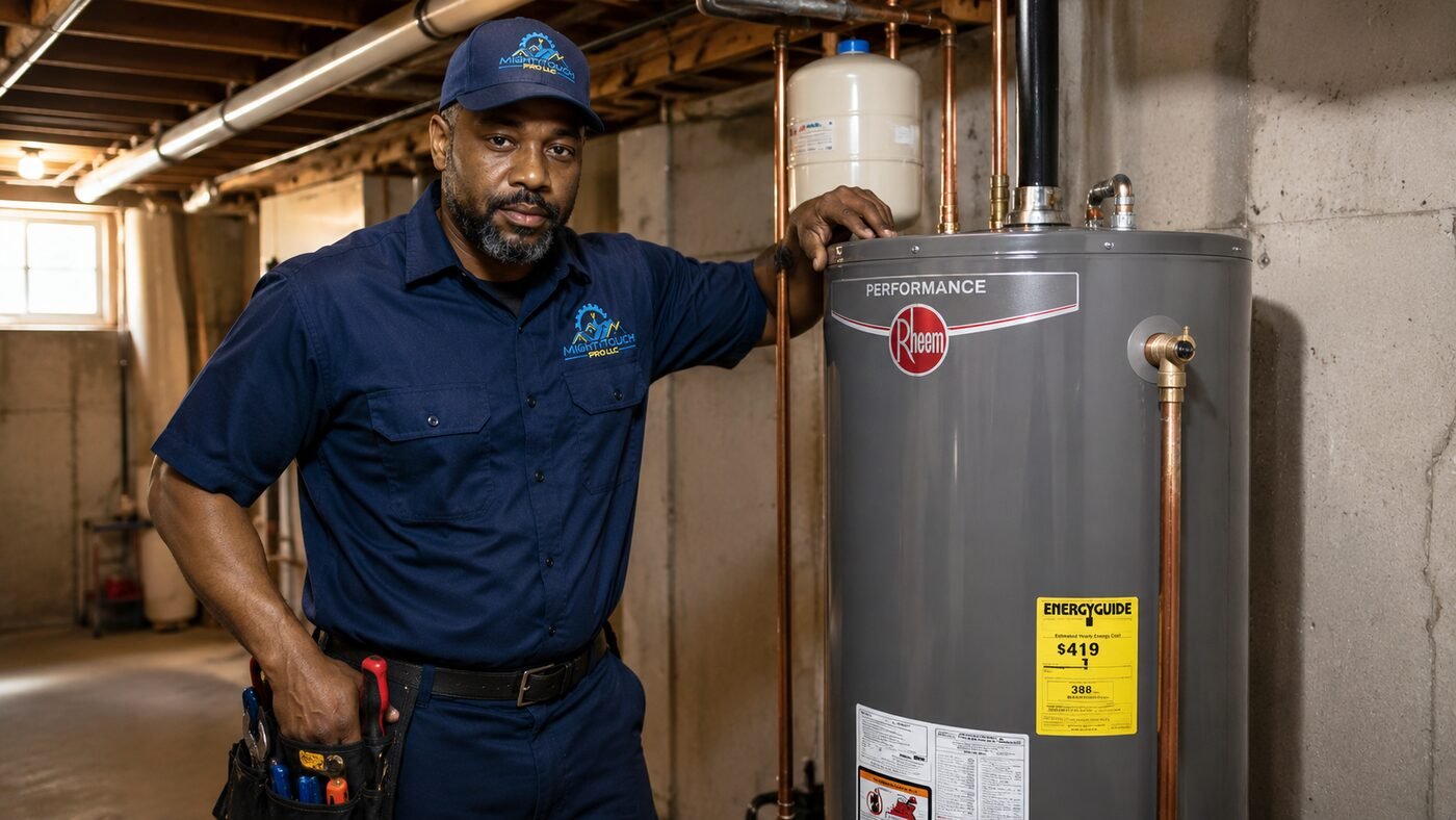Technician next to a Rheem water heater